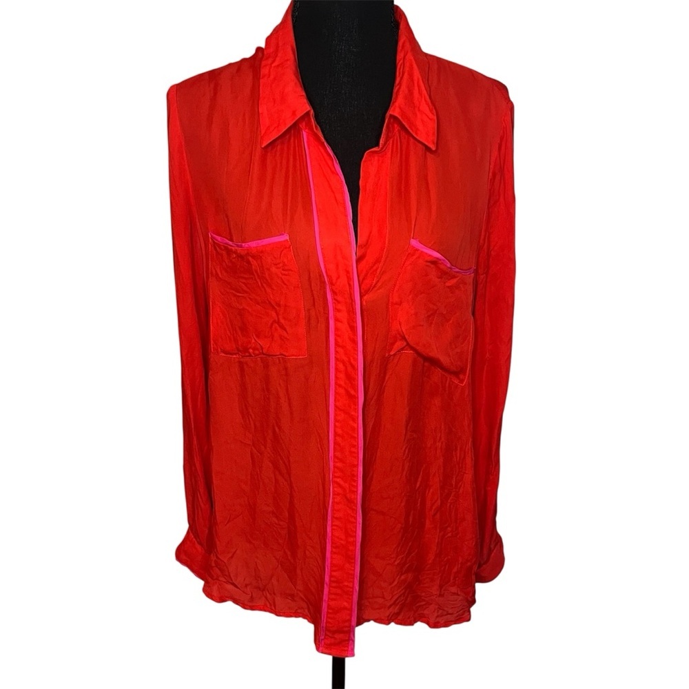 {tl} the letter L 100% Silk Long Sleeve Blouse Red Pink Button Front Pockets